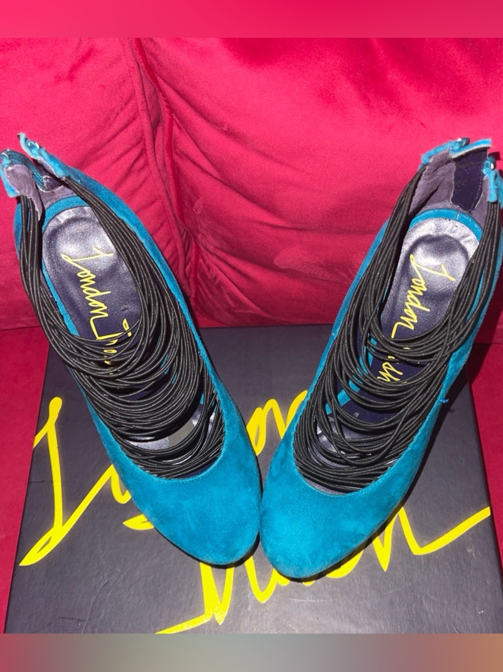 Teal Suede Women’s Pumps with Decorative Black Straps